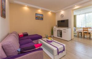 a living room with a purple couch and a tv at Holiday Home Zadar 37 in Kakma