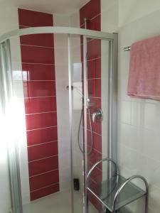 y baño con ducha de cristal y azulejos rojos. en Gaestehaus Jagsttalblick Dürr, en Langenburg