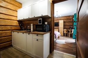a kitchen with white cabinets and a microwave at Mało Izba in Biały Dunajec