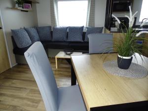 鲁西隆地区卡内Mobil home moderne neuf et ultra équipé de 6 à 8 couchages的带桌子和沙发的客厅