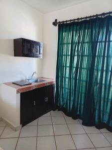 a kitchen with a sink and a green shower curtain at HOTEL ATLANTIDA in Playa del Carmen +18 photos