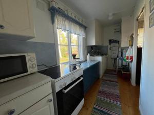 a kitchen with a stove and a microwave at Stuga i Solvarbo, Dalarna in Gustafs