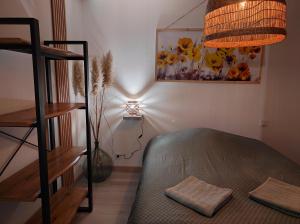 een slaapkamer met een bed in een kamer met een lamp bij L'Obernai in Obernai