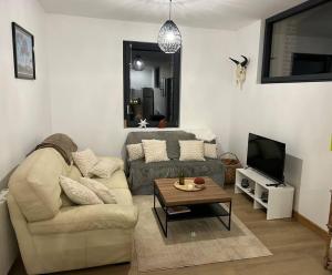 a living room with a couch and a coffee table at Gites les Amourettes in Saint-Aubin-sur-Scie