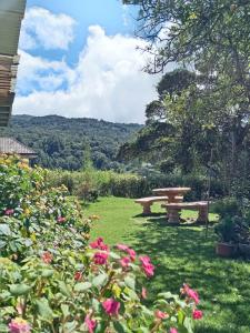 a picnic table in a field with flowers at Hostal Vista Boquete in Boquete +106 photos