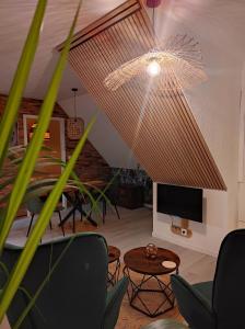 een woonkamer met een tv en een aantal stoelen bij L'Obernai in Obernai