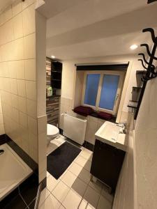 a bathroom with a sink and a toilet and a window at Industriecultuur in Spechtholzhock +17 photos