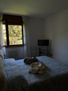 una camera con due letti e una tv di DepaHOME a Saint Vincent