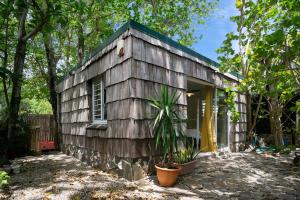 Una pequeña casa con una planta en maceta delante de ella. en Bungalow Les Beaux Arts, en Le Diamant