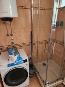 a small bathroom with a washing machine and a shower at AP Apartment in Kotor