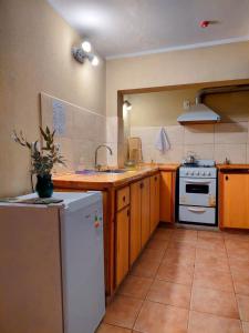 a kitchen with a white refrigerator and a stove at Monoambiente Buena Vista - De Alojamientos Lago Puelo in Lago Puelo