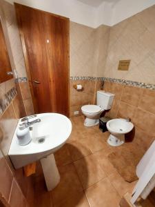 a bathroom with a sink and a toilet at Monoambiente Buena Vista - De Alojamientos Lago Puelo in Lago Puelo