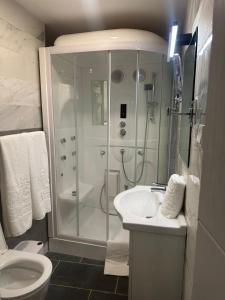 a bathroom with a shower and a sink and a toilet at The Grove Essipong Beach Resort in Inchaban