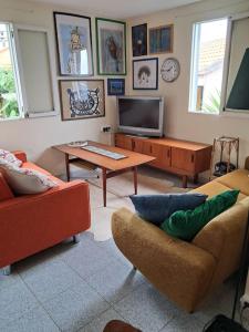 a living room with couches and a table and a tv at Casa Vintage Seixal Madeira in Seixal