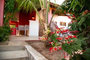 a garden with red flowers in front of a house at Casa CLAUDIA in Fortim +6 photos