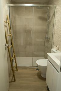 Un baño con ducha de cristal y un inodoro. en Casa do Torres, en Évora