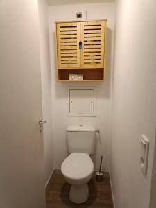 a bathroom with a toilet with a wooden cabinet at 4-6 pers ski pieds Belle Plagne Les Gémeaux in La Plagne Tarentaise +17 photos