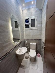 开罗Modern 3-BR in New Cairo Lotus的配有马桶、水槽和镜子的浴室 更多31张照片