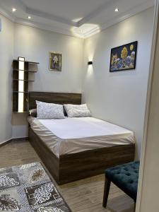 开罗Modern 3-BR in New Cairo Lotus的带一张大床和一把椅子的卧室