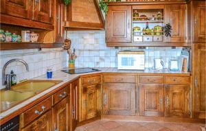 a kitchen with wooden cabinets and a sink at Amazing Home In Bassillac-Et-Auberoche in Le Change
