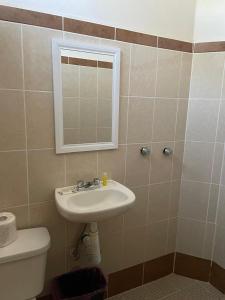 a bathroom with a sink and a toilet and a mirror at Galex Hotel Posada in Huajuapan de León