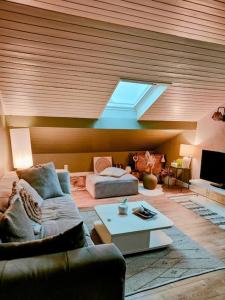 a living room with a couch and a skylight at Appartement dans maison in Cognin