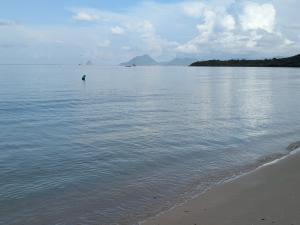 una persona nadando en el agua en la playa en Villa pour 4 à 8 personnes près des plages du Sud & Marina du Marin - Wi-Fi sur demande, en Le Marin