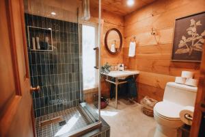 ein Badezimmer mit Dusche, Toilette und Waschbecken in der Unterkunft The Cottage at Highland Farms in Brightwood + 46 Fotos