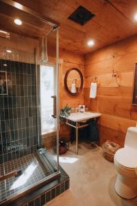 ein Badezimmer mit Dusche, Toilette und Waschbecken in der Unterkunft The Cottage at Highland Farms in Brightwood