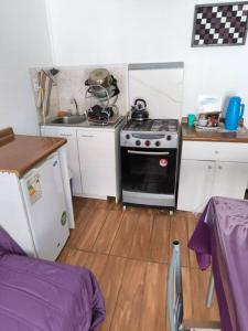 une petite cuisine avec une cuisinière et un évier dans l'établissement Maravilloso vista al estrecho, à Punta Arenas