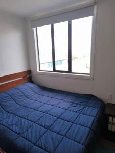 une chambre avec un lit bleu et une grande fenêtre dans l'établissement Maravilloso vista al estrecho, à Punta Arenas