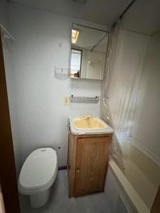 a bathroom with a toilet and a sink and a mirror at Casa Movil-TRAILA TIERRA ROJA in Arandas