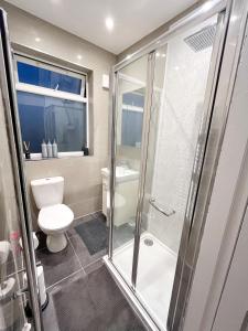 グリーンフォードにあるComfortable 2 bedroom, 1 bathroom, West London flatのトイレとシャワー付きのバスルーム