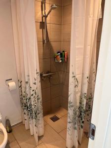 a shower in a bathroom with a shower curtain at Billund mini hostel room 8 - close to LEGO HOUSE and LEGOLAND in Billund