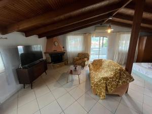 a living room with a couch and a television at Attic with a view in Péfka