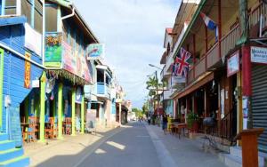 an empty street in a town with many shops at D's Inn in San Ignacio