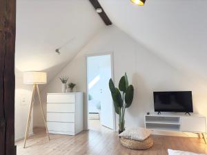 ハイデルベルクにあるGroßes Maisonette Apartment I TOP Lage I Primeの白いリビングルーム(テレビ、鏡付)