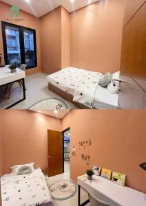 three pictures of a room with two beds in it at Bu Londo Villa & Homestay in Dau +22 photos