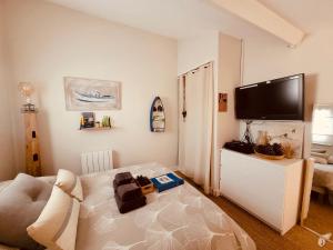 TV a/nebo společenská místnost v ubytování Cocon entre presqu'île du Cap Ferret et plages océanes - terrasse - 1 vélo gratuit