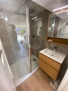 ein Badezimmer mit Dusche und Waschbecken in der Unterkunft Villa face mer avec terrasse in Merlimont