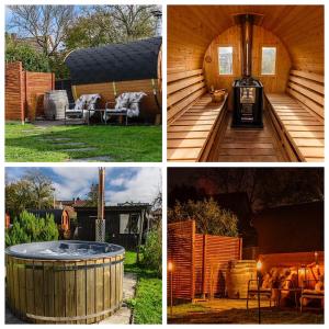 four different pictures of a backyard with a hot tub at Charming Loft Ferienwohnung Bodensee in Meckenbeuren