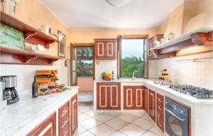a large kitchen with wooden cabinets and a window at Villa Monte Bottigli in Grosseto