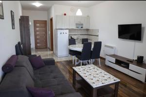 a living room with a couch and a table and a kitchen at Apartman Petar in Nova Varoš