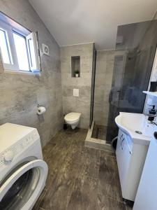 a bathroom with a toilet and a sink and a shower at Bright Apartment in Bijela +13 photos