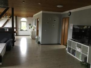 Una sala de estar con un sofá y un televisor. en Hof Landleben, en Dörpstedt