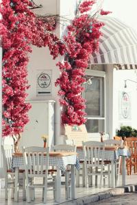 a bunch of pink flowers on a patio at Arco Naxos Luxury Apartments in Naxos Chora