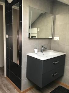 a bathroom with a sink and a mirror at Standing au cœur de ville- Argelès-Gazost-140 m2-3étoiles in Argelès-Gazost +6 photos
