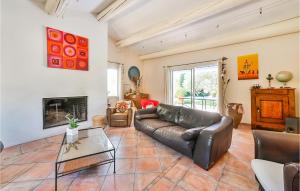 a living room with a leather couch and a fireplace at Beautiful Home In Valréas in Valréas