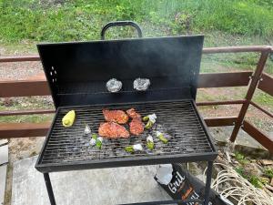 a grill with some meat and vegetables on it at Chalupa pod lesem in Trutnov