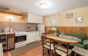 a kitchen with a table and a green couch at Nice Home In Moscenice With Wifi in Mošćenice